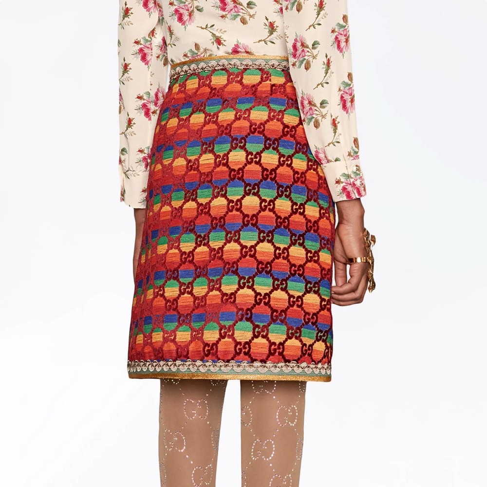 Gucci MultiColor Raised Velvet GG Logo Pencil Skirt SS18 Runway Size IT38 US2/4